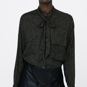Zara Dark Green Black Leopard Print High Neck Button Down with Tie NWT